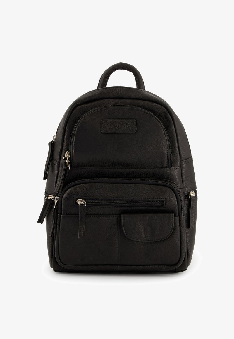 Black leather backpack with rounded top, multiple zippered pockets, textured surface, and a top handle for carrying convenience.