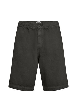 Mørkegrå bomuldsshorts med elastisk taljebånd, knaplukning og flad front, vist mod hvid baggrund.