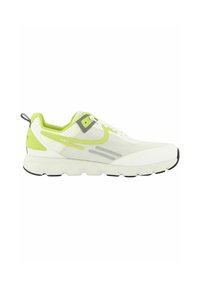 Bílé sportovní boty s neonově zelenými akcenty, síťovinovým svrškem, silnou podrážkou a šedými detaily. Obsahují šňůrky a poutko na patě.