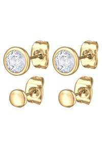 Gold-tone stud earrings featuring clear round crystals in a bezel setting and smooth circular stud accents. Pack includes two pairs.