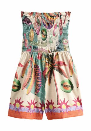 Bunt gestreifter trägerloser Jumpsuit aus leichtem Stoff mit tropischen Bananen- und Palmenmotiven, dekorativem Blumensaum und lebhaften Akzenten.