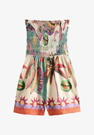 Bunt gestreifter trägerloser Jumpsuit aus leichtem Stoff mit tropischen Bananen- und Palmenmotiven, dekorativem Blumensaum und lebhaften Akzenten.