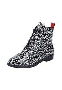 Bottes de cheville à lacets en noir et blanc avec un motif abstrait, finition brillante et languette rouge. Semelle en caoutchouc basse pour une meilleure adhérence.