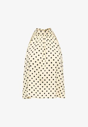 Cremafarbenes ärmelloses Neckholder-Top mit schwarzen Tupfen und hohem Ausschnitt mit gerafften Stoffdetails.