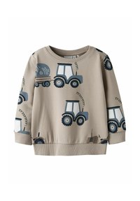 Felpa color beige chiaro con grafiche di trattori blu, polsini e orlo a coste, scollo rotondo e materiale in cotone morbido per il massimo comfort.