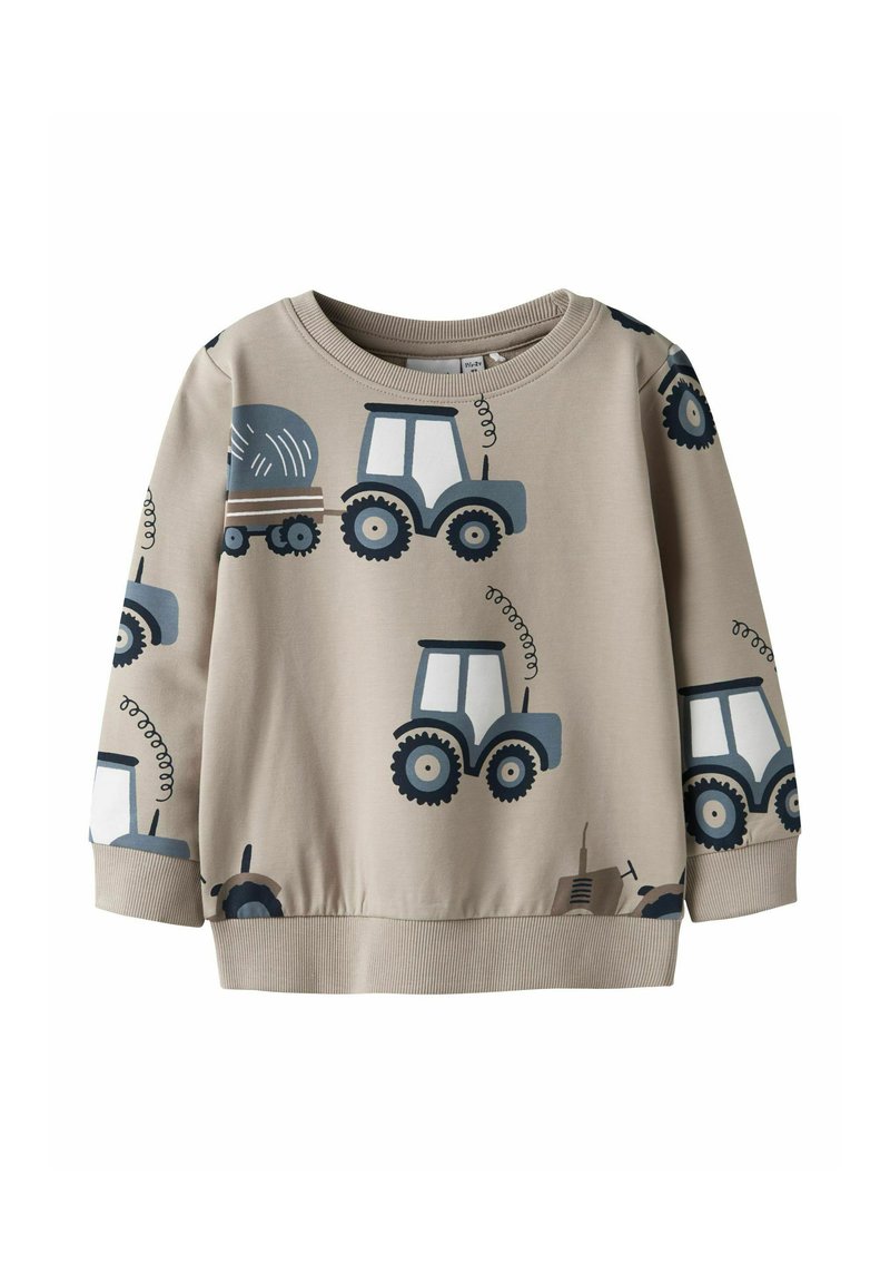 Felpa color beige chiaro con grafiche di trattori blu, polsini e orlo a coste, scollo rotondo e materiale in cotone morbido per il massimo comfort.