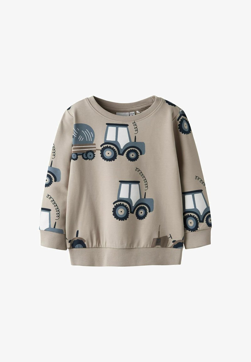 Felpa color beige chiaro con grafiche di trattori blu, polsini e orlo a coste, scollo rotondo e materiale in cotone morbido per il massimo comfort.