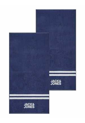 Two navy blue towels with two white horizontal stripes near the bottom and "JACK & JONES" logo in white text.
