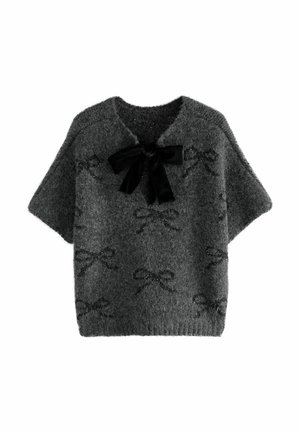 Dark gray fuzzy short-sleeve sweater with black bow patterns and a large black velvet bow tied at the neckline.