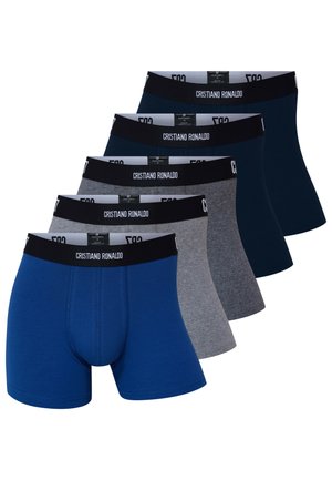 Blå boxershorts lavet af glat stof med en tætsiddende pasform, forsynet med et sort elastisk taljebånd med brandnavn, og en længde til midt på låret.