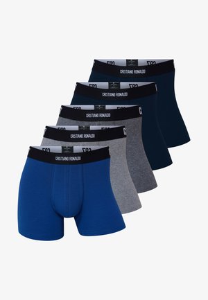 Blaue Boxershorts aus glattem Stoff mit figurbetonter Passform, ausgestattet mit einem schwarzen elastischen Bund mit Branding und einer Länge bis zur Mitte des Oberschenkels.