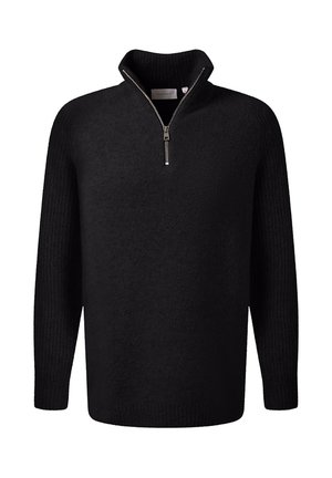 Schwarzer Pullover mit hohem Kragen, halber Reißverschluss, strukturiertem Körper und gerippten Ärmeln, aus weichem Material für zusätzlichen Komfort.