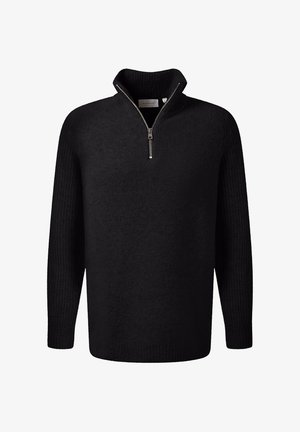 Schwarzer Pullover mit hohem Kragen, halber Reißverschluss, strukturiertem Körper und gerippten Ärmeln, aus weichem Material für zusätzlichen Komfort.