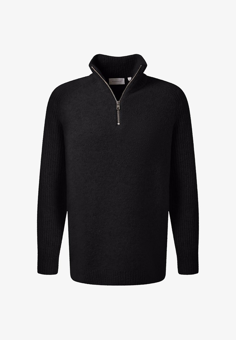 Black pullover sweater with a high neck, half zip, textured body, and ribbed sleeves, made from soft fabric for comfort.