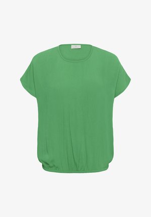 Bluză verde cu mâneci scurte, gât rotund și tiv elastic, realizată dintr-un material ușor și texturat.