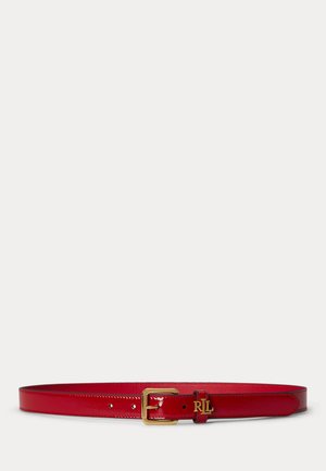 Red patent leather belt with gold buckle and "RL" logo detail, displayed against a plain light background.