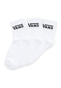 Calze a manica corta in cotone bianco con logo "VANS" nero sul bordo rigato. Tre paia esposti, che mostrano un design e un colore coerenti.