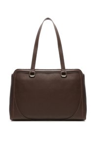 Donkerbruine leren handtas met twee schouderbanden en gouden rechthoekige hardware, rechthoekige vorm met afgeronde hoeken.