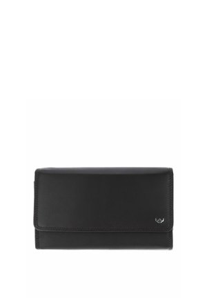 Black leather wallet with flap closure and small silver logo emblem on bottom right corner, shown against white background.