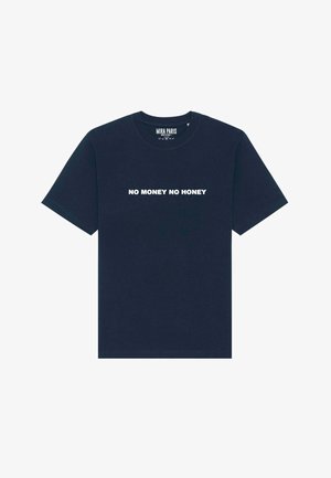 T-shirt in cotone blu navy con maniche corte e scollatura a girocollo, con testo bianco che recita "NO MONEY NO HONEY" sulla parte anteriore.