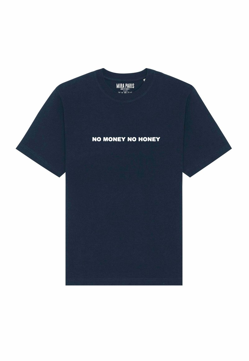 T-shirt en coton bleu marine à manches courtes et col rond, avec un texte blanc qui dit "PAS D'ARGENT PAS DE MIEL" sur le devant.