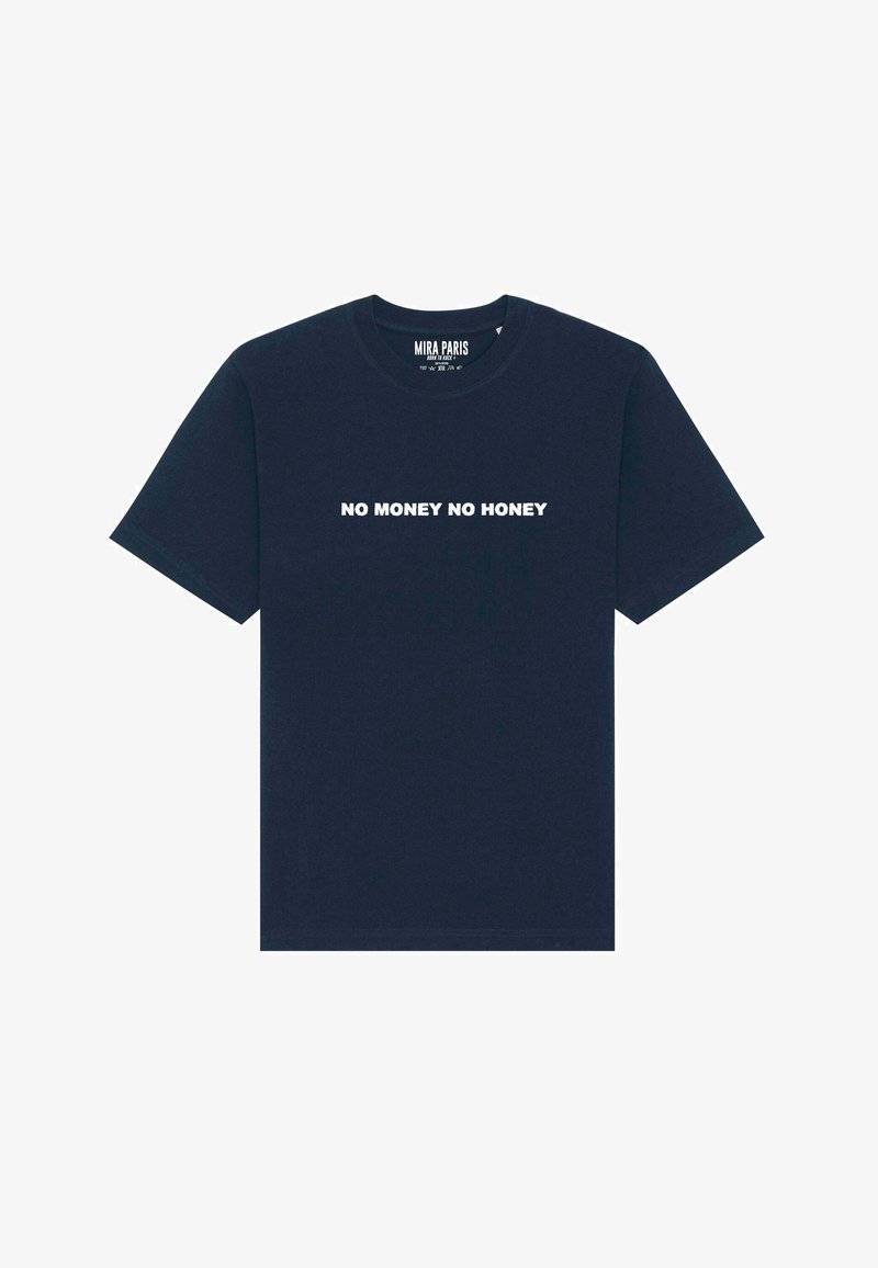 T-shirt in cotone blu navy con maniche corte e scollatura a girocollo, con testo bianco che recita "NO MONEY NO HONEY" sulla parte anteriore.