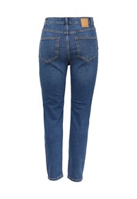 Jeans aus Denim in einem mittleren Blauton, mit hoher Taille, geraden Beinen, standardmäßigen Gesäßtaschen und einem Lederpatch am Bund.