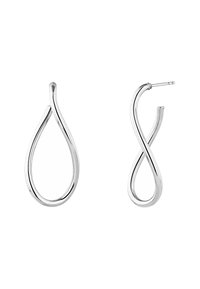 Pendientes de metal plateado en forma de lágrima fluida e infinito, con un acabado pulido y un diseño elegante.