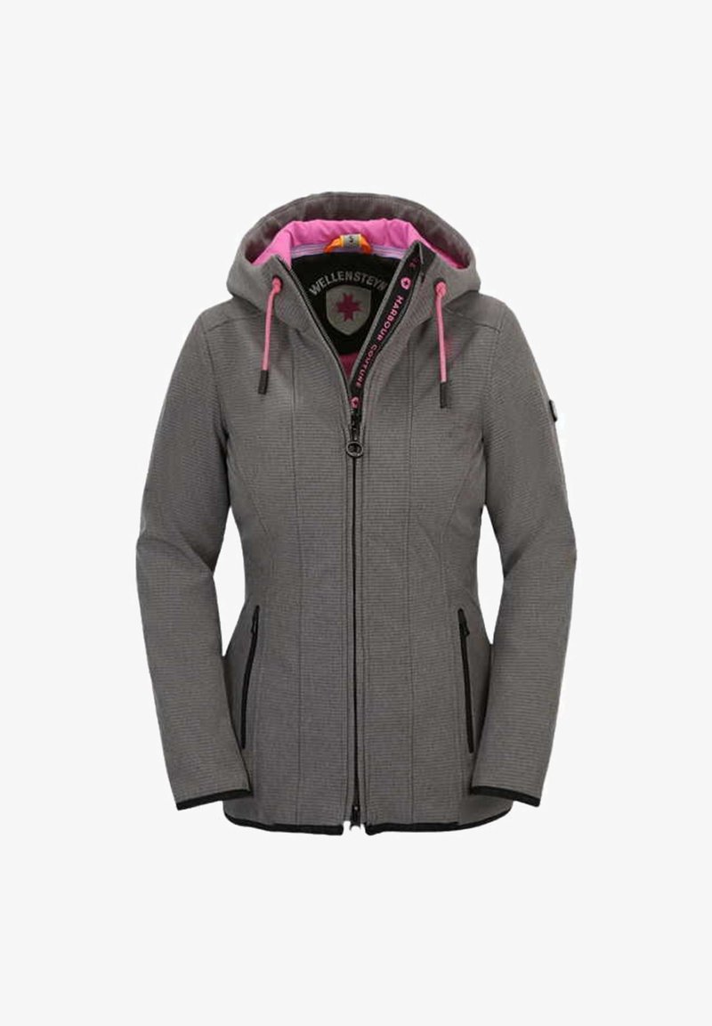 Graue Jacke aus strukturiertem Material mit einer rosa gefütterten Kapuze, rosa Zugbändern und zwei seitlichen Reißverschlusstaschen. Reißverschluss vorne.