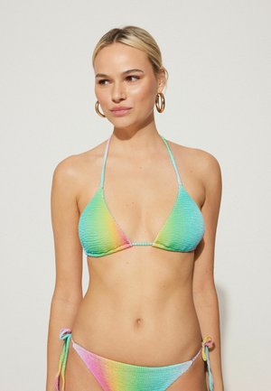 Triangle bikini in pastel rainbow colors, featuring textured fabric, halter neck tie, and side ties on the bikini bottom with a gradient design.