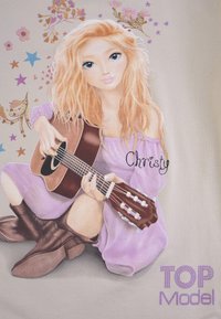 Illustration eines Mädchens mit langen, welligen blonden Haaren, das ein lila Kleid und braune Stiefel trägt und eine braune Gitarre mit floralen Akzenten spielt.