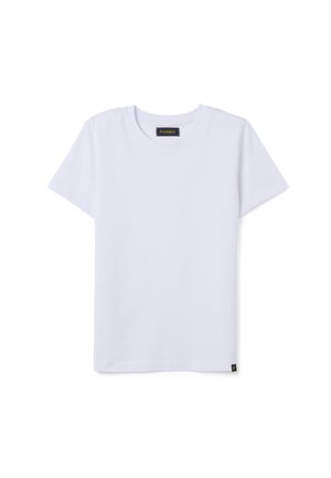 Plain white short-sleeve crew-neck T-shirt with a small black and yellow brand label on the collar and lower hem.