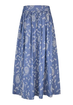 Sininen hame, joka on valmistettu kevyestä kankaasta, ja siinä on valkoisia paisley- ja kukkakuoseja. Hameessa on koottu vyötärö ja virtaava muotoilu.