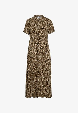 Leopardi mustriga kleit lühikeste varrukatega, nööbist ees ja voolava disainiga. Valmistatud kergetest kangast pruunides ja mustades toonides.