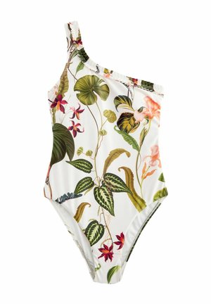 Ein trägerloser Badeanzug in Weiß mit bunten Blumen- und Blattmustern, ausgestattet mit einem gerafften Saum und einem glatten, elastischen Stoff.