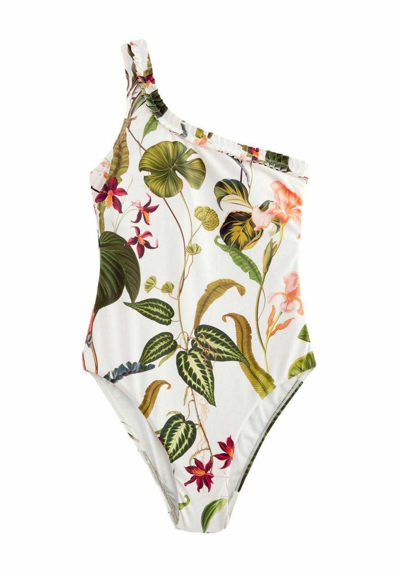 Ein trägerloser Badeanzug in Weiß mit bunten Blumen- und Blattmustern, ausgestattet mit einem gerafften Saum und einem glatten, elastischen Stoff.