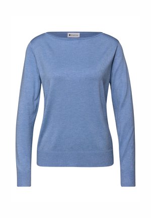 Ljusblå tröja med rund halsringning och långa ärmar. Tillverkad av ett texturerat stickat tyg, med ribbade muddar och fåll.