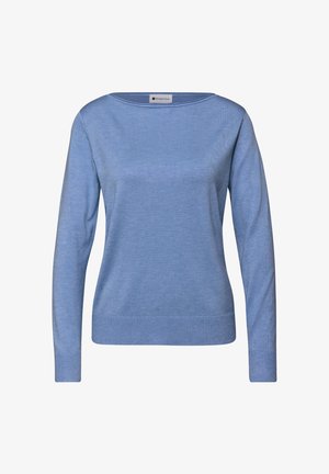 Vaaleansininen neulepaita pyöreällä pääntiellä ja pitkillä hihoilla. Valmistettu struktuurisesta neuloksesta, jossa on resorit hihansuissa ja helmassa.