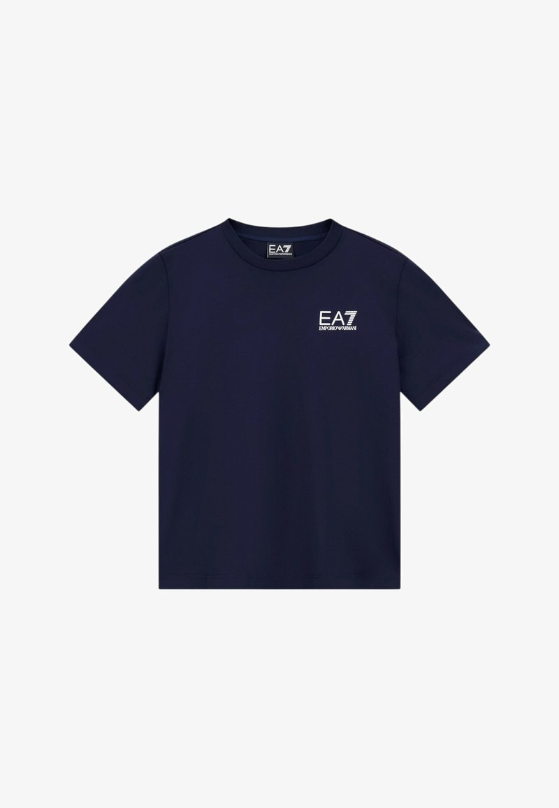T-shirt blu navy a maniche corte con scollo a girocollo e logo bianco EA7 Emporio Armani sul torace sinistro.