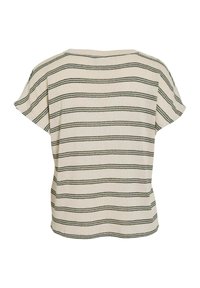 Kortärmad topp i krämfärg med mörkgröna ränder, med en avslappnad passform och mjukt, texturerat tyg. Enkel rundad halsdesign.