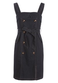 Tmavě modré džínové šaty s přiléhavým živůtkem, nastavitelnými ramínky, dvouřadým zapínáním vpředu a zavazováním v pase. Má zlaté knoflíky a kapsy.