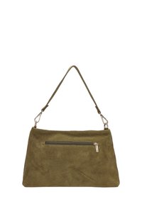 Borsa a tracolla in suede verde oliva con una tasca con zip e una singola tracolla. Presenta una texture liscia e dettagli in metallo.