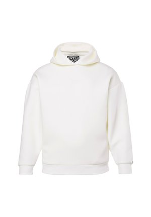 White hooded sweatshirt with long sleeves and ribbed cuffs, featuring a small logo on the chest and a visible brand tag inside the hood.