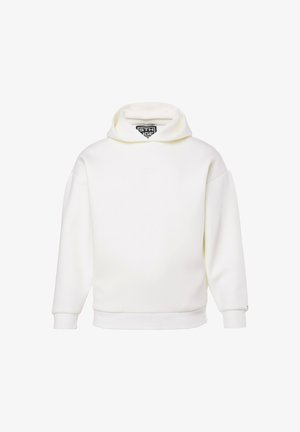 Witte hoodie met lange mouwen en geribbelde manchetten, met een klein logo op de borst en een zichtbare merklabel aan de binnenkant van de capuchon.