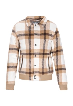 Kariertes Jackett in Weiß, Beige und braunem Fleece, mit Kragen, Knopfverschluss, zwei seitlichen Taschen und gerippten Bündchen.