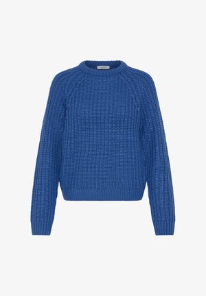 Maglione blu lavorato a maglia con un motivo testurizzato, collo rotondo e polsini e orlo a coste. Progettato con maniche lunghe e una vestibilità rilassata.