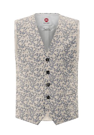 Gilet da uomo beige con piccolo motivo floreale blu, quattro bottoni neri e due tasche frontali.