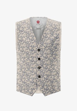 Gilet da uomo beige con piccolo motivo floreale blu, quattro bottoni neri e due tasche frontali.