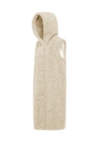 Hooded mouwloze vest in beige, gemaakt van een fluffy textuur stof, met een voornaad en open armsgaten voor gemakkelijke beweging.