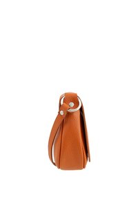Leather handbag in orange with a textured surface. Features a rounded shape, a silver hardware ring, and a single strap.